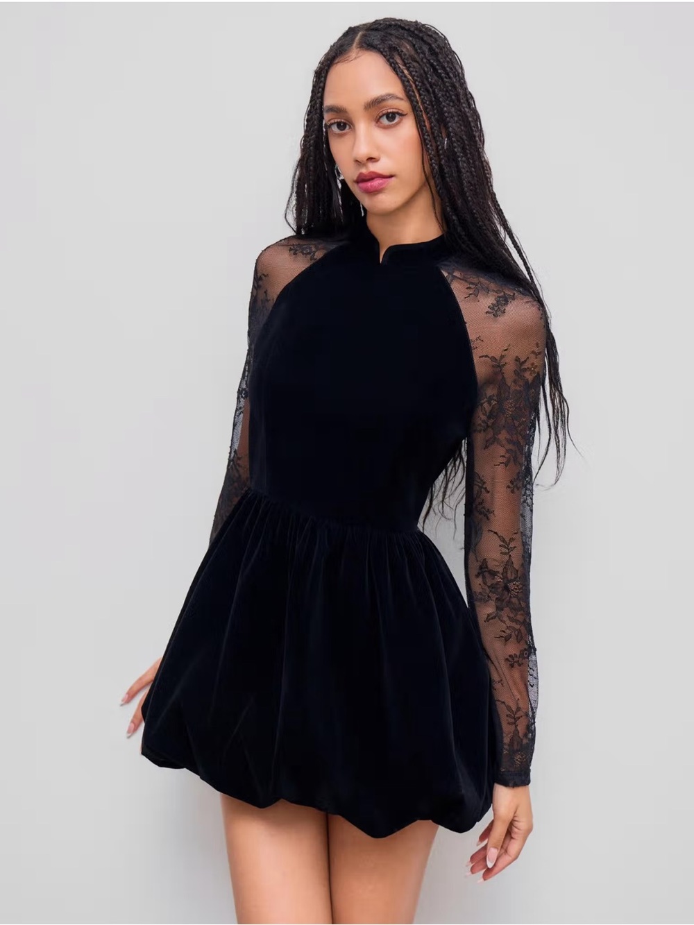 NWT CIDER Velvet Mandarin Collar Bubble Hem Lace Mini Dress